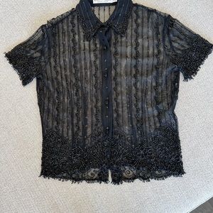 Emanuel Ungaro 4/38 sheer beaded short sleeve blouse.